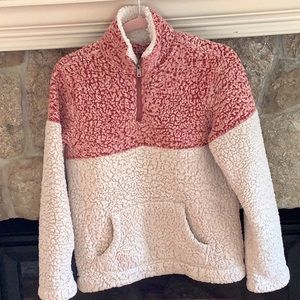 Love Tree warm top.  Off white and red.  Zipper at the neck. Size small